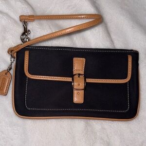 Coach Black Wristlet with Tan Leather Trim and Buckle